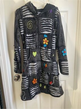 Boho Embroidered Black Hooded Varsity Jacket